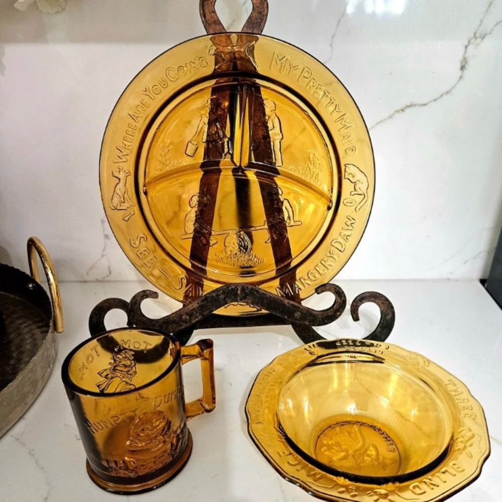 Vintage Tiara Indiana Glass Amber Mother Goose 3-Piece Child's Dish Set